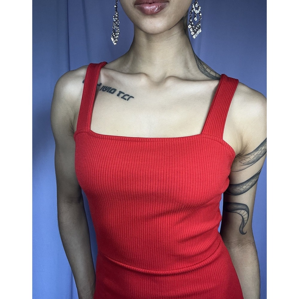 Popular 21 Red Knit Sleeveless Midi Dress Womens Size S Bodycon Thigh Slit Glam